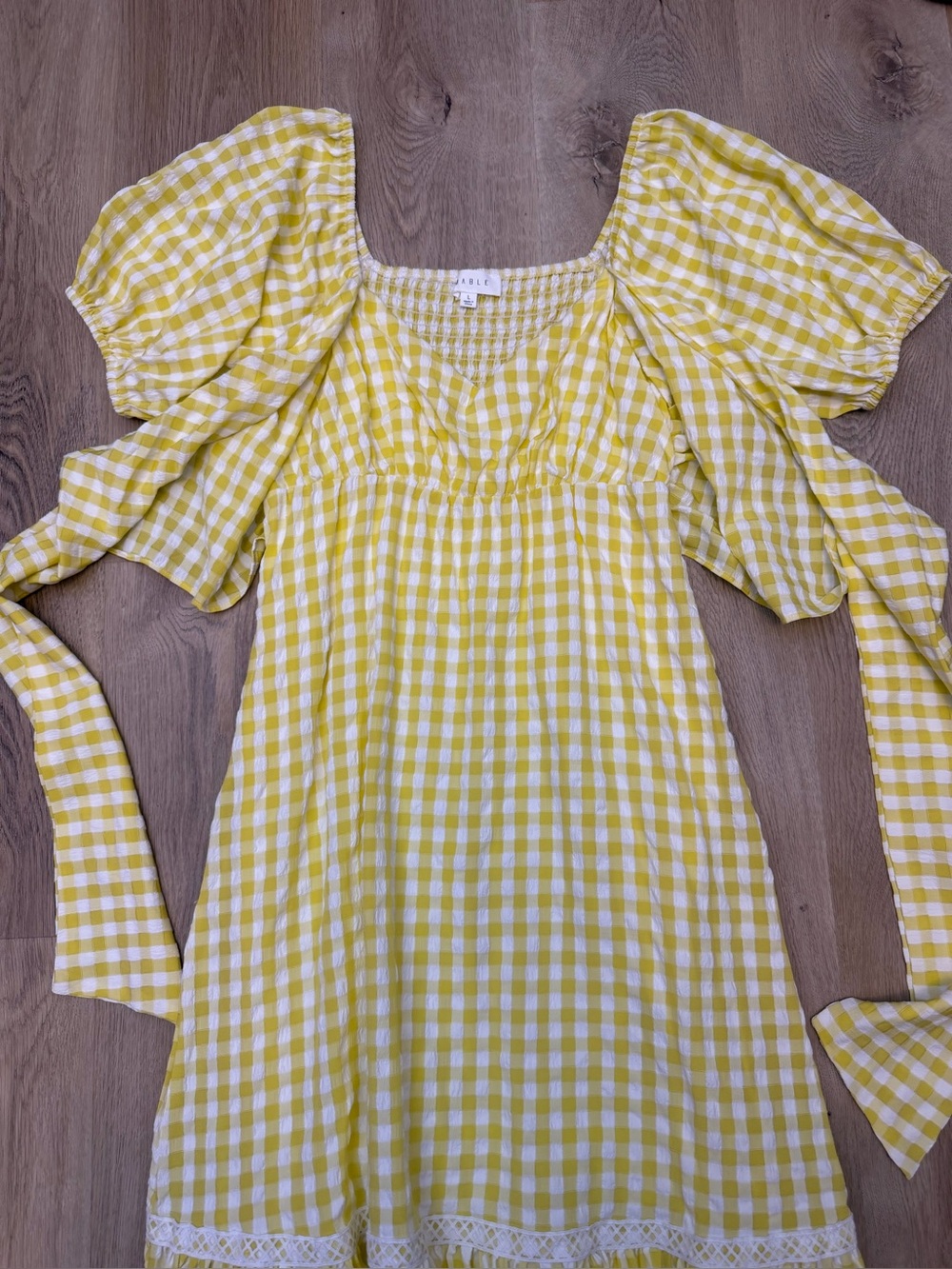 Yellow Gingham Tie-Front Maxi Dress with Puff Sleeves by Mable - Picture 7 of 10